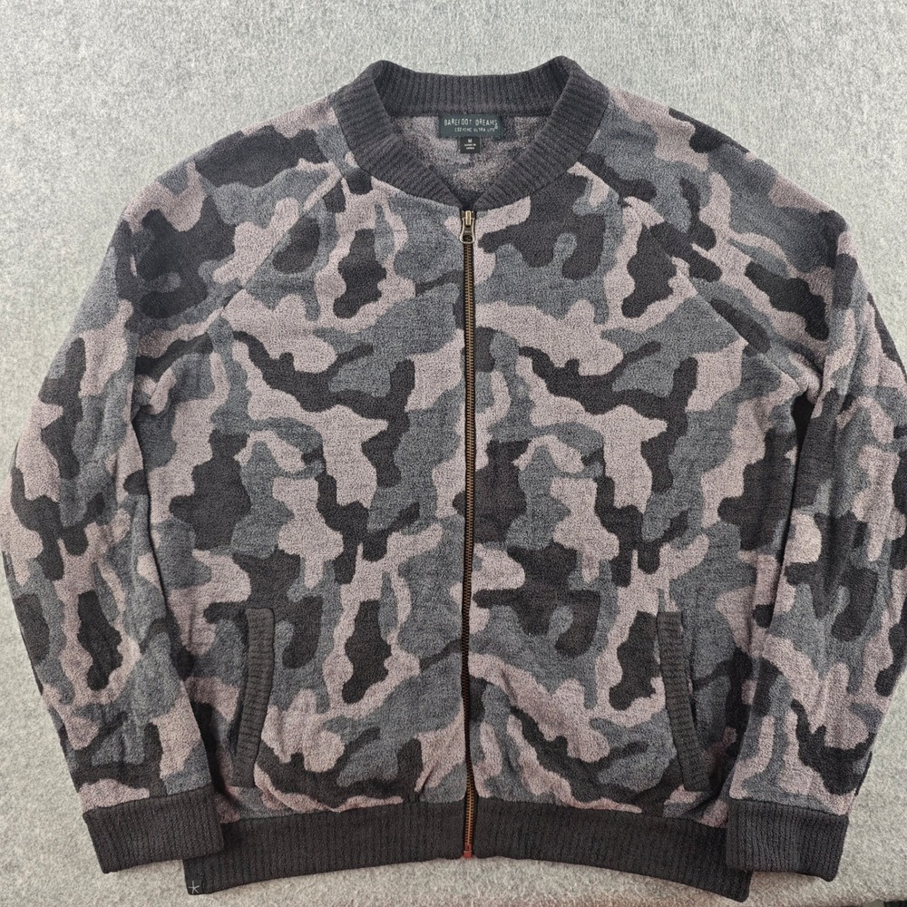 Barefoot Dreams CozyChic Ultra Lite Camo Bomber Jacket Womens Medium Grey Zip Up